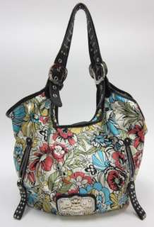 KATHY VAN ZEELAND Floral Black Leather Shoulder Handbag  