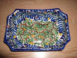MEXICAN RED CLAY MULTICOLORED POTTERY DISH BLUE FLORAL  