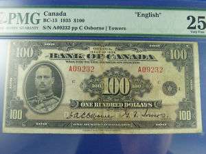 1935 English $100 Bank of Canada Note VF 25 A09232  