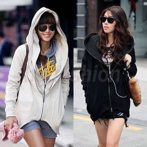   Womens Double Zipper Hoodie Jacket Coat Faux 2 PCS Sweatshirt Tops