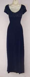 JS BOUTIQUE Navy Lace Beaded Stretch Jersey Cap Sleeve Formal Gown 