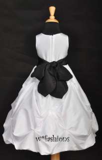 WHITE BLACK SASH WEDDING TAFFETA BRIDAL FLOWER GIRL DRESS 6M 12M 2 4 6 