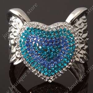 Blue Swarovski crystal heart Angel Wings cuff bracelets rhinestone 