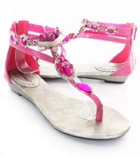 PINK FUCHSIA Faux LEATHER FLOWERS Jewel T STRAP SANDALS  