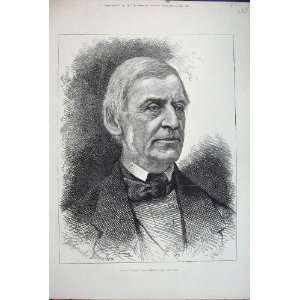   Antique Portrait Ralph Waldo Emerson Man Old Print