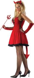 Low cut dress with lace up look front, devil tail attached and horned 
