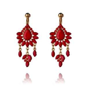 Red Gold Crystal Flower Drop Clip On Earrings Jewelry