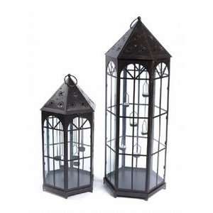 Set Black Metal Tea Light Lantern Holder Bird House 