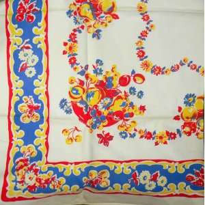   Flowers Vintage Tablecloth 1950s Red, Yellow Blue 
