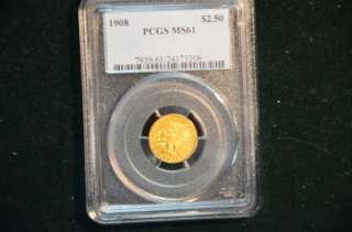 1908 $2.50 GOLD INDIAN QUARTER EAGLE U.S. GOLD PCGS MS 61  