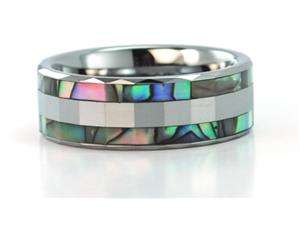     8mm wide faceted tungsten carbide ring with mother of pearl inlays