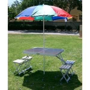 Four Person Picnic Aluminum Folding Table W/ 6 Foot Expand Umbrella ?3 