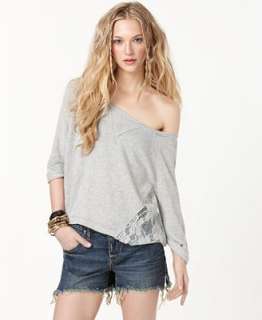 Free People Sweater, Three Quarter Sleeve Cropped French Terry Lace 