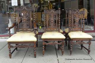 Set 6 Antique Carved Oak Gothic Dining Room Chairs  