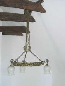 ART DECO FRENCH WROUGHT IRON CHANDELIER 3 GLASS SHADES  