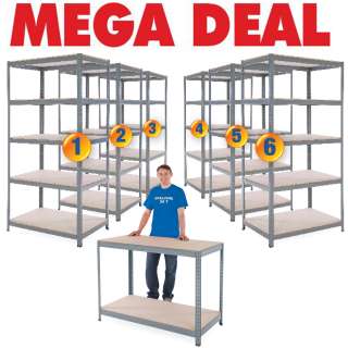 Garage & Business Shelving Storage Kit, 6x Boltless Shelf Units & 1x 