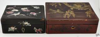   of 2 Antique Japanese Lacquerware Boxes Inlaid MOP Bird Design  