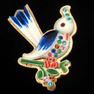 Bird Brooch Pin Vintage Rhinestone Celluloid Brass  