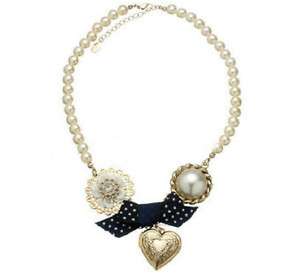 N104 Big Bead Carved Heart Frame dot Bow Pearl Necklace  