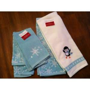   Blue Snowflake and Penguin Tip and Hand Towel Set of 4