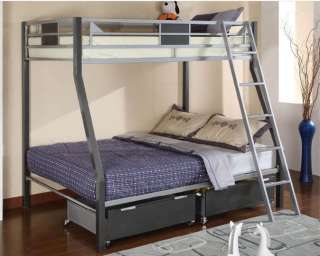 Contemporary Twin/Full Silver Metal Bunk Bed w/ Trundle  