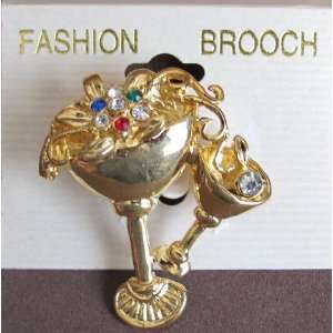 Tone FASHION BROOCH PIN RHINESTONE Flower & Champagne Glasses PIN 