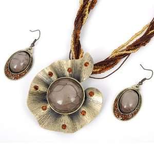   Bronze Brown Crystal Gem Stone Short Necklace Dangle Hook Earrings Set