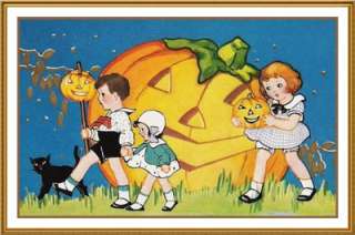 Victorian Halloween #2 Kids Pumpkin Counted Cross Stitch Chart  