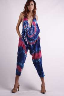 Vtg 70s TIE DYE Deep V SLOUCH Disco Party Jumpersuit OS  