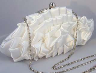 WHITE SATIN EVENING BAG Pleated Flower CLUTCH PURSE BRIDAL w/ Chain 