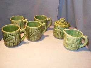 Vintage Bamboo Coffee Set 4 Mugs Creamer Sugar Bowl  