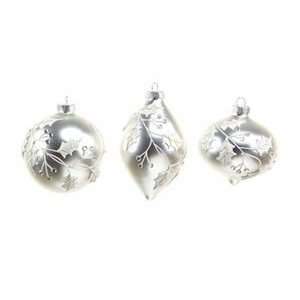   Silver Holly Pattern Glass Bulb Christmas Ornaments