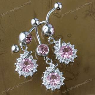 Pink Crystal Dangle Flower Belly Button Navel Ring 14ga Size  (Approx 