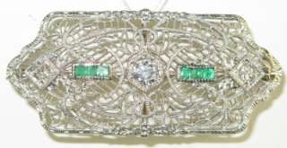 Deco 14K White Gold .53ct Diamond & Emerald Brooch 5g  