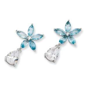   Sterling Silver Simulated Aquamarine/CZ Floral Dangle Post Earrings