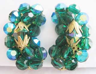Vintage FACETED EMERALD Green AB CRYSTAL Clip EARRINGS  