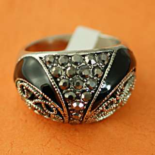   Size 10 18K White GP Black Enamel Gemstone Zircon CZ Charm Ring  