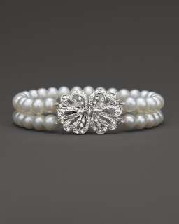 Double Row Freshwater Pearl Bracelet with Diamond Accent Bow Clasp, 7 