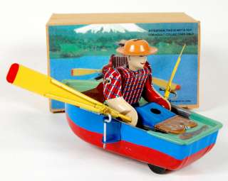 Fisherman In Rowboat Tin Litho Wind Up Row Boat New Fishing  