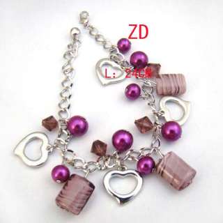 A0216 Lampwork glass Crystal Bead Heart Bracelet Purple  