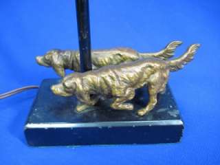   DOUBLE HUNTING DOG FIGURAL DESK LAMP WITH VASELINE GLASS SHADE  