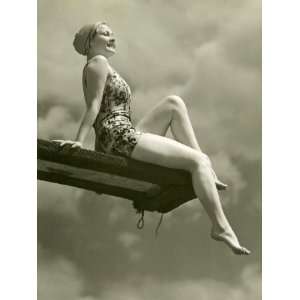  Woman in Bathing Suit Seated on Diving Board Photographic 