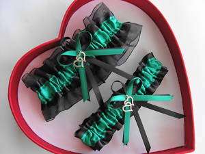 Double Heart Wedding Garter Set Emerald Black Free Ship  