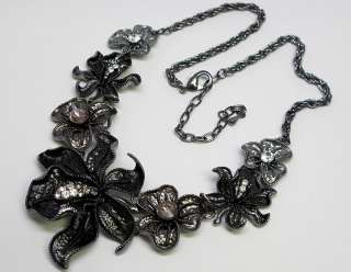 Hematite Color Crystal Flower Necklace Earrings s0498  