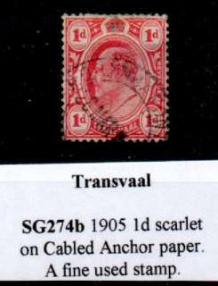 TRANSVAAL SG274b 1905 1d CABLED ANCHOR WMK FINE USED  