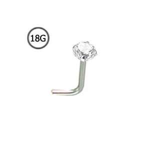 14KT White Gold L Bend Nose Stud Ring 3mm Clear CZ 18G FREE Nose Ring 