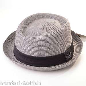 Mentari Hats Mens Straw Pork Pie Hat in Black and Grey , Festival 