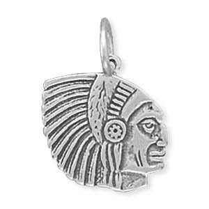   Silver Charm Pendant Indian Chief with Feather Headdress Jewelry