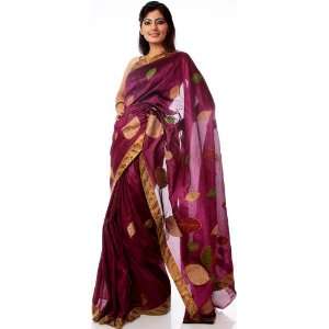  Purple Banarasi Sari with Leaves and Patch Border   Art 