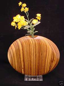   Daily Signed Lathe Turned Art Zebrawood Round Disc Vase & Stand Modern